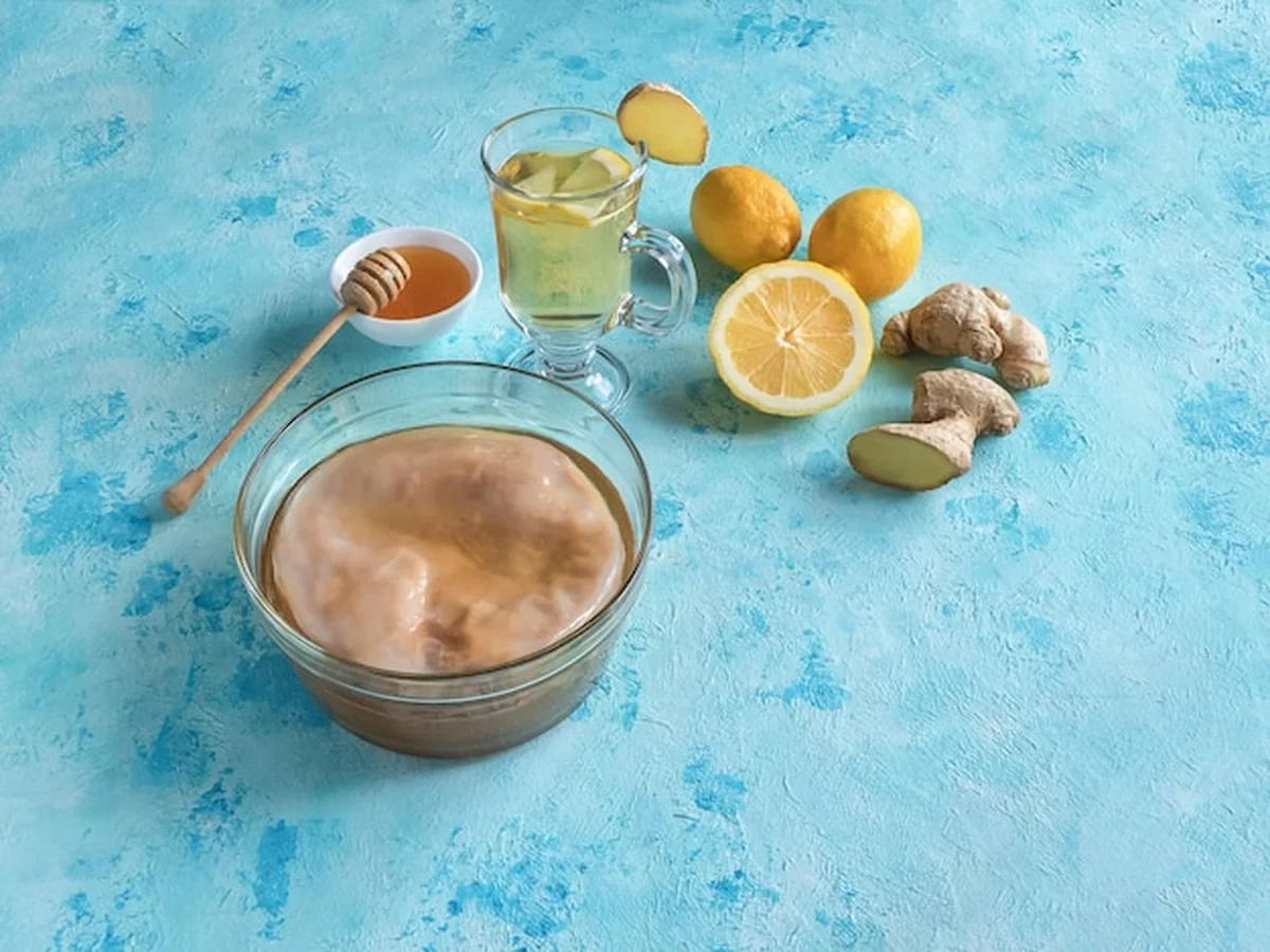 Grzyb Kombucha z imbirowym korzeniem, miodem i cytryną