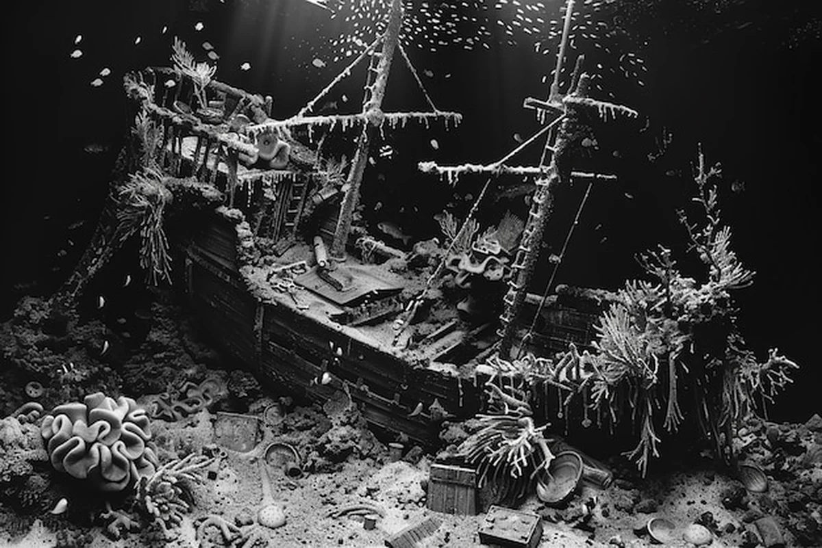 Złożona podwodna scena wraku statku