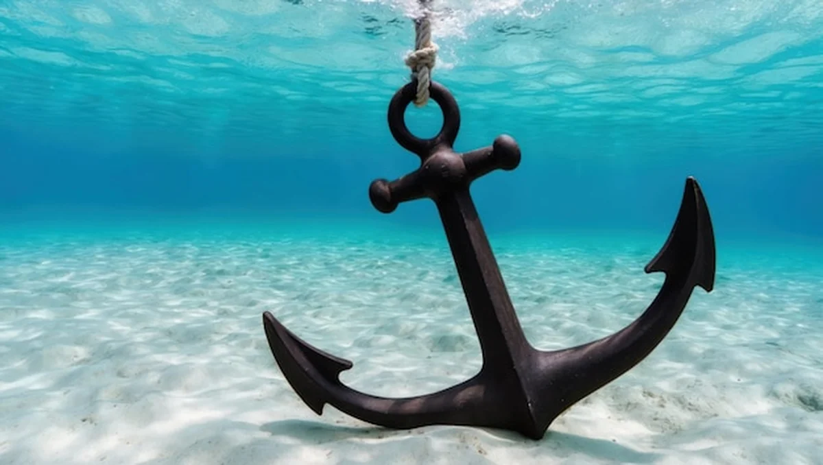 Kotwica zanurzona w niebieskiej wodzie z niebem nad głową