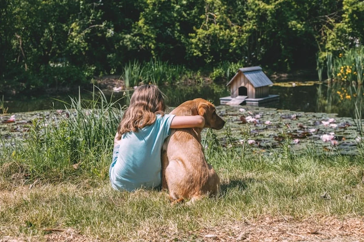Dziewczyna uściskuje labradora nad stawem w Ruciane Park - Mazury resort & spa